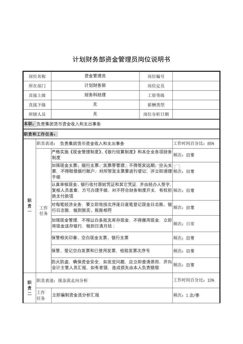 计划财务部资金管理员岗位说明书样本.doc_第1页