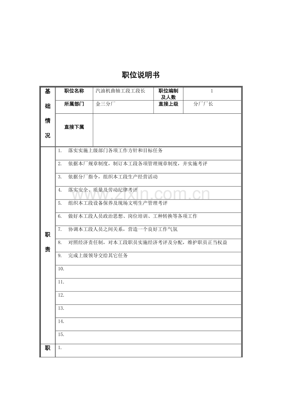 汽油机曲轴工段工段长岗位职责样本.doc_第1页