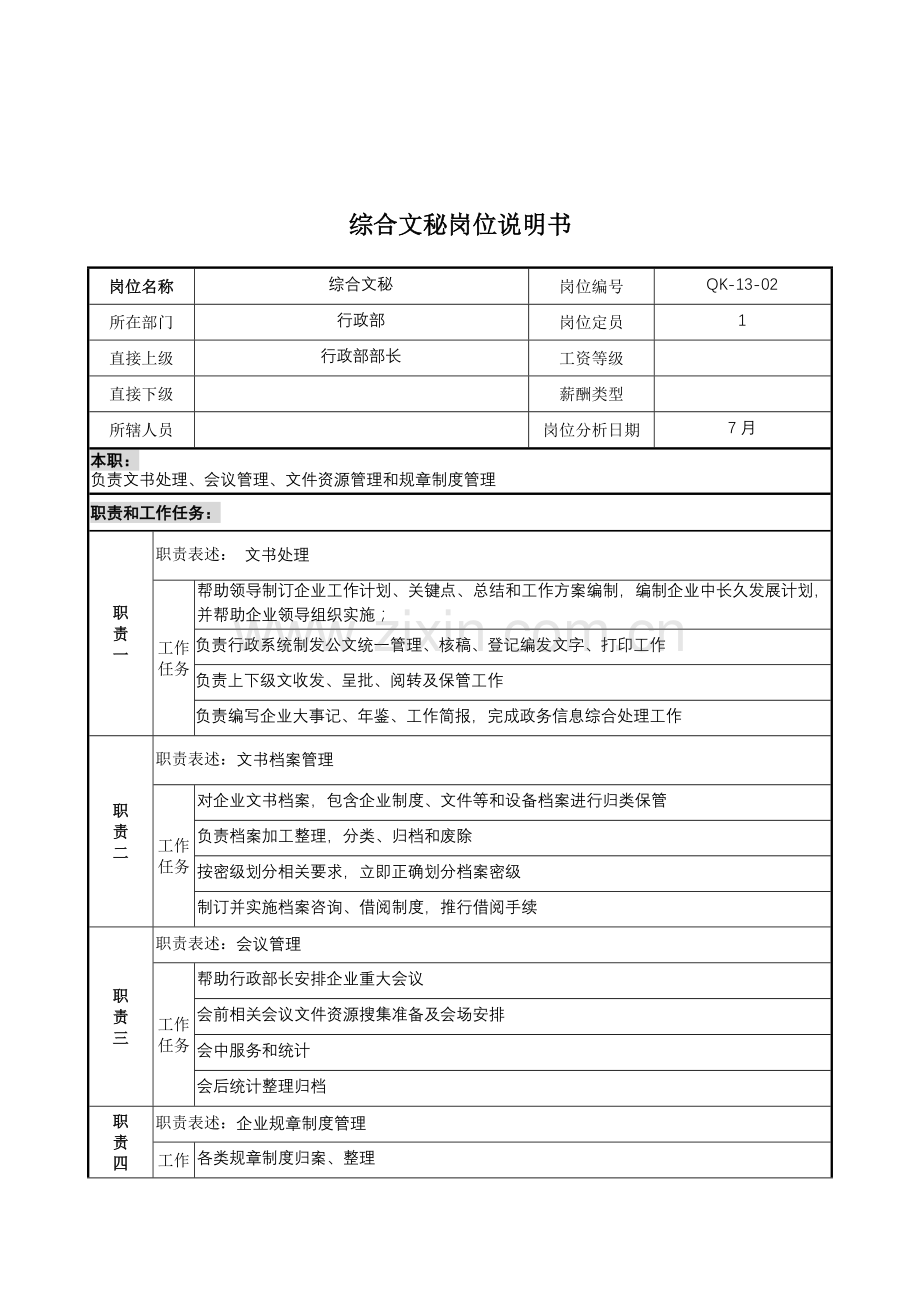 行政部综合文秘岗位职责样本.doc_第1页