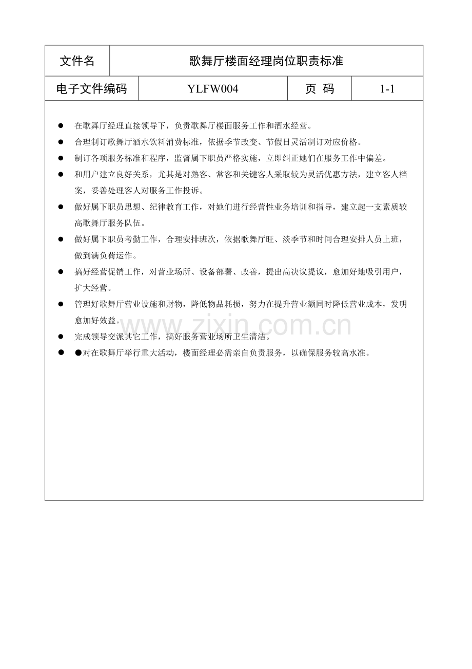 歌舞厅楼面经理岗位职责规范样本.doc_第1页