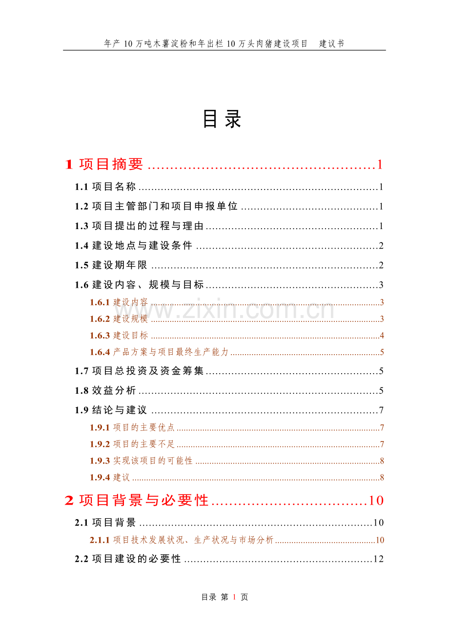 年产10万吨木薯淀粉和年出栏10万头肉猪项目建设可行性研究报告.doc_第1页