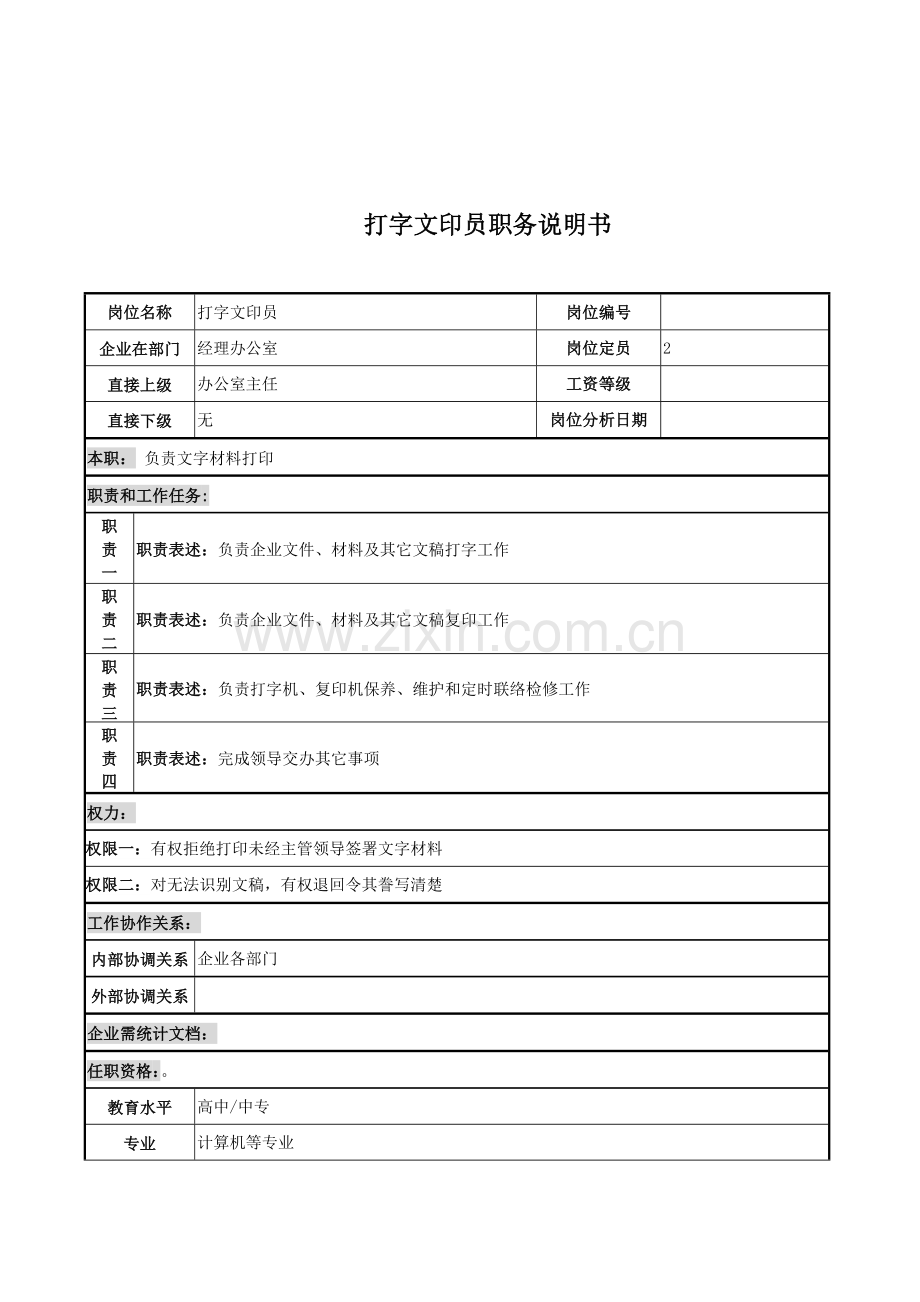 打字文印员的职务说明书样本.doc_第1页