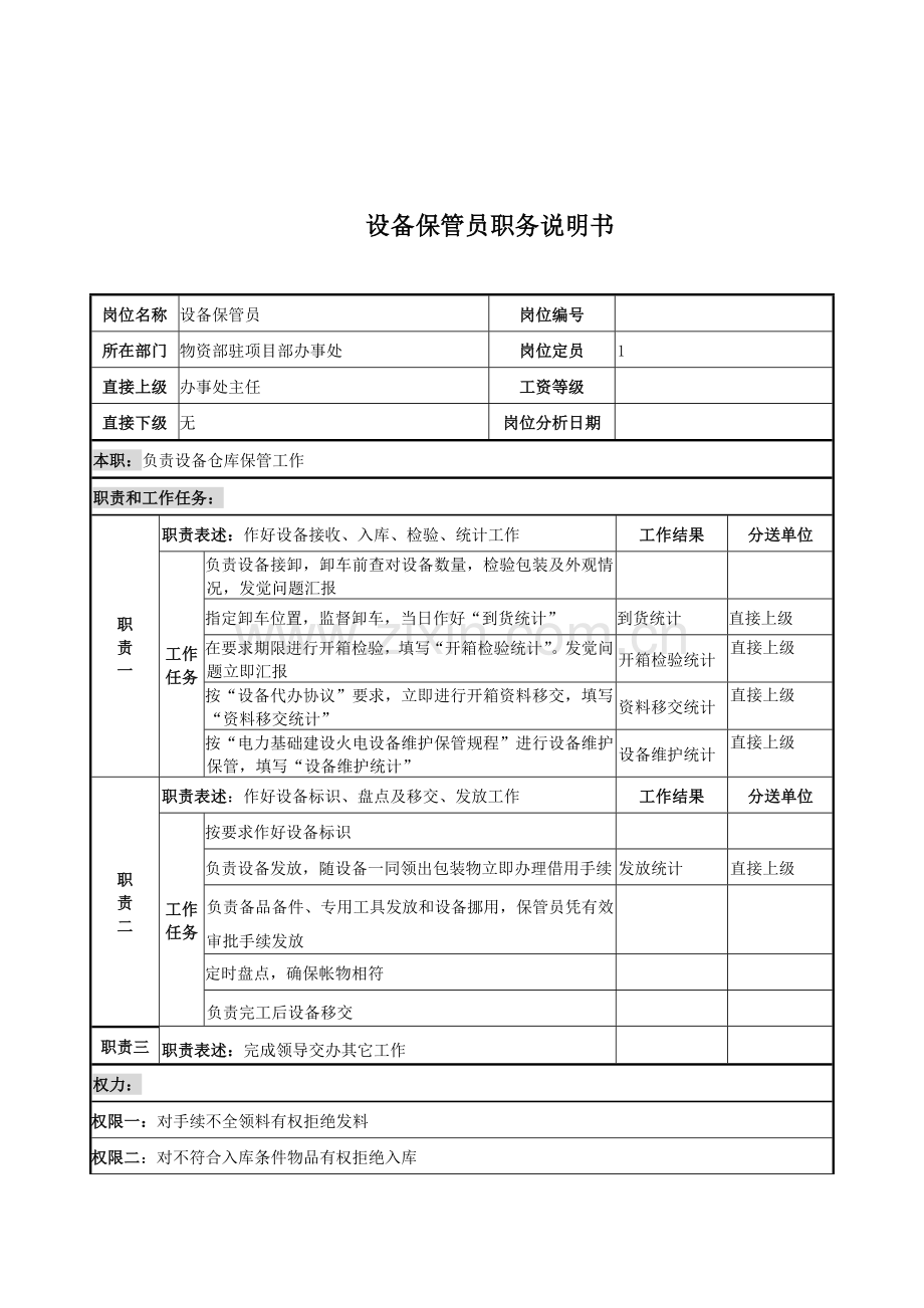 设备保管员的职务说明书样本.doc_第1页