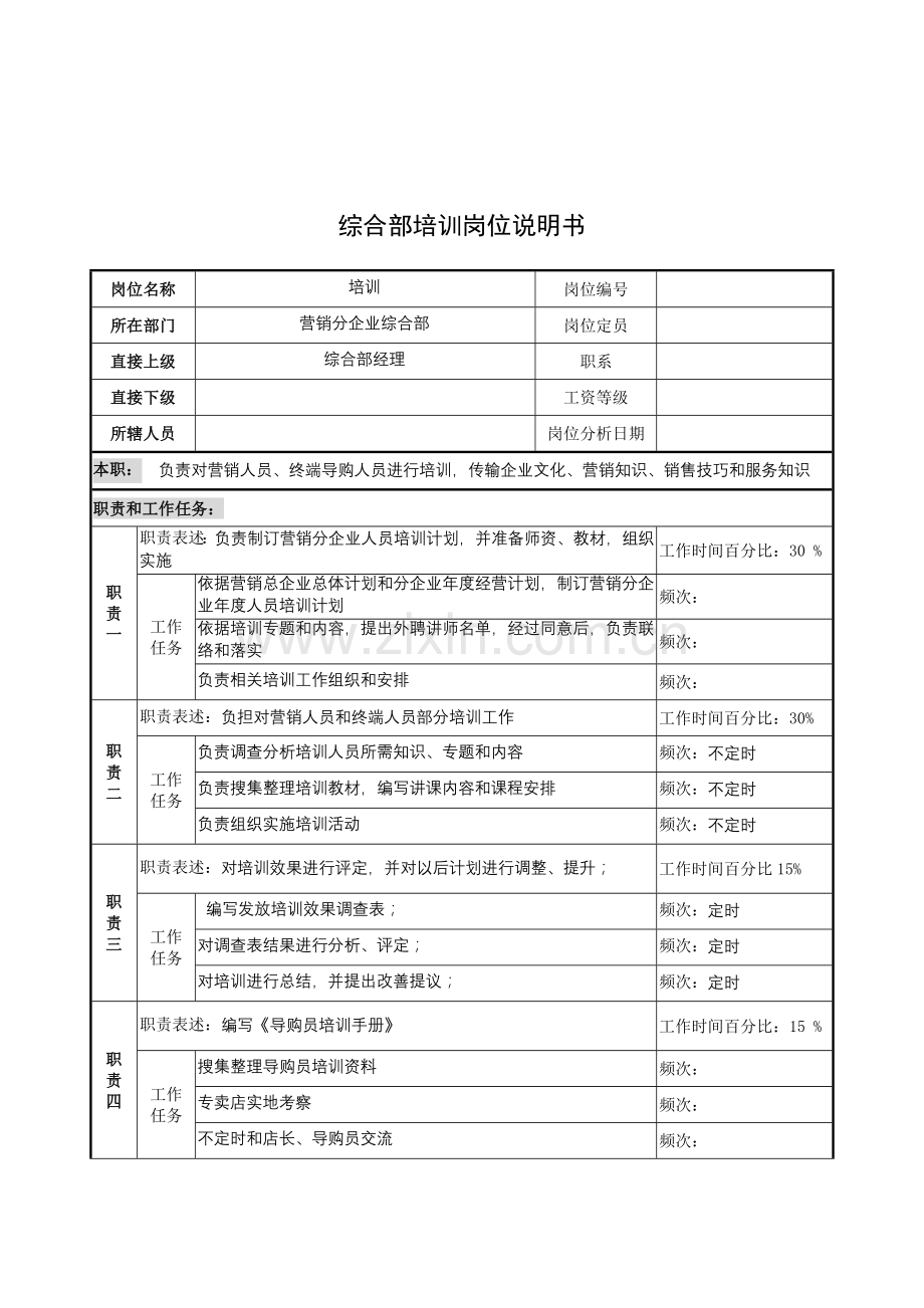 综合部培训岗位说明书样本.doc_第1页