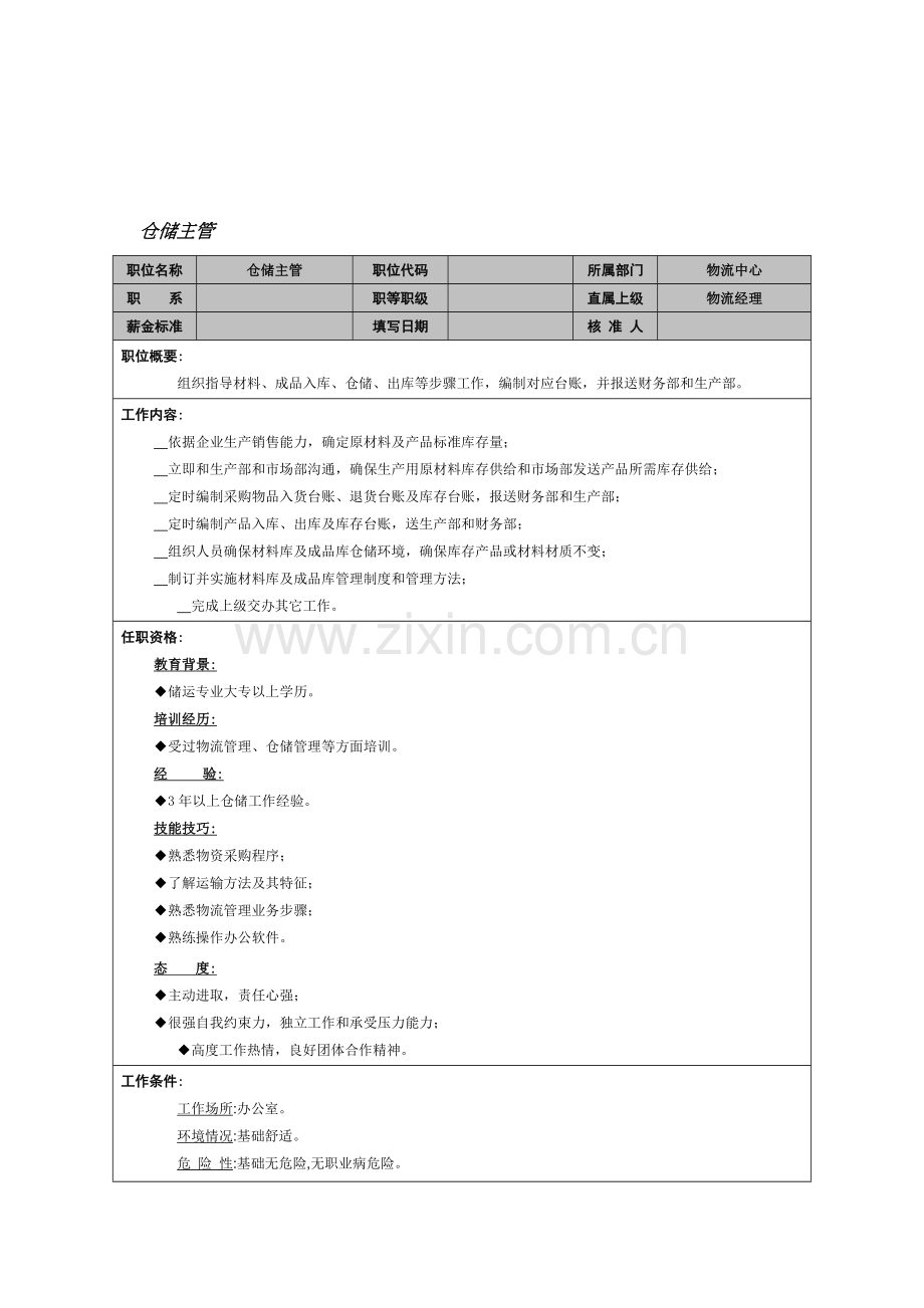 物流中心仓储主管岗位职责样本.doc_第1页