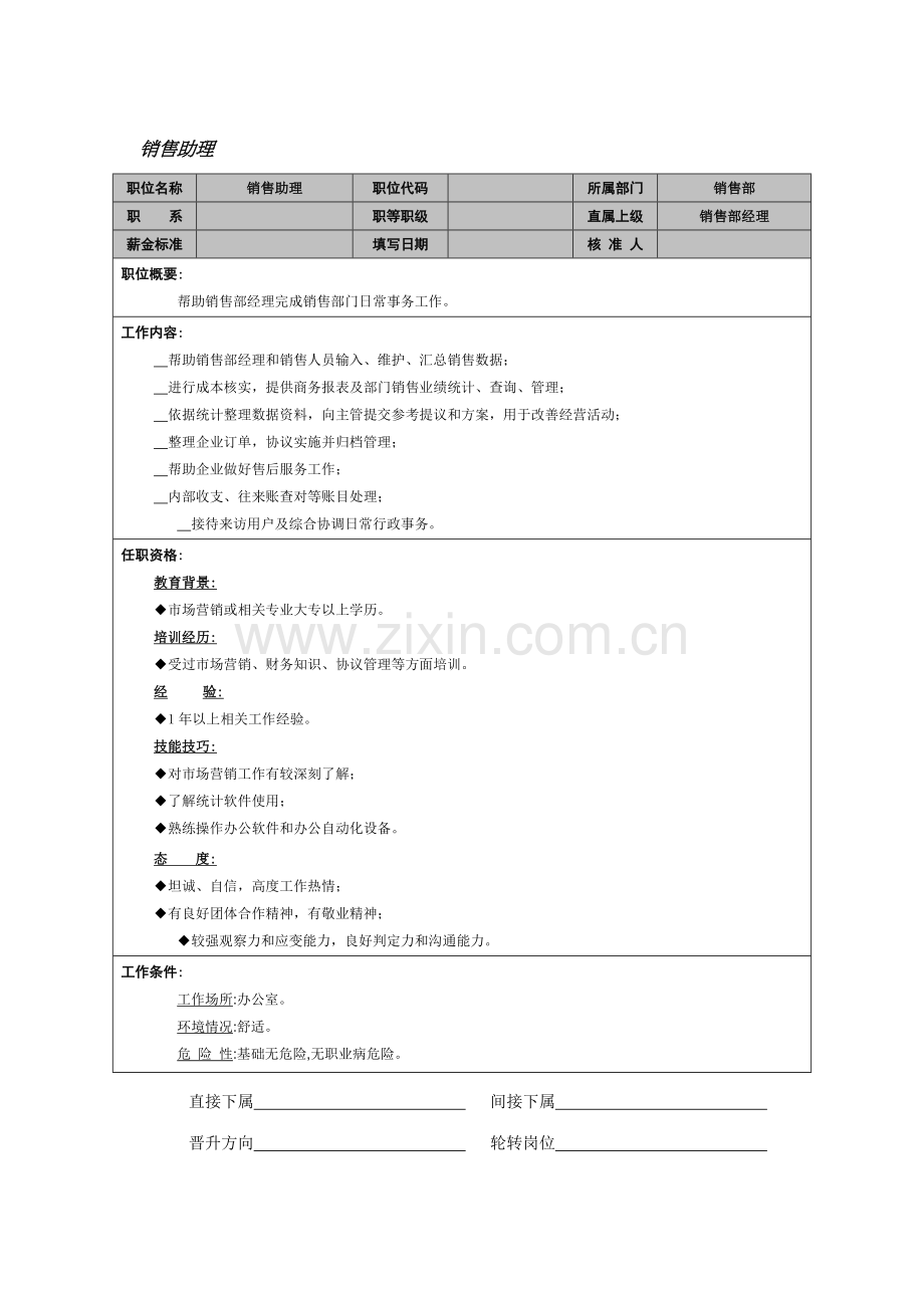 销售部销售助理岗位说明书样本.doc_第1页