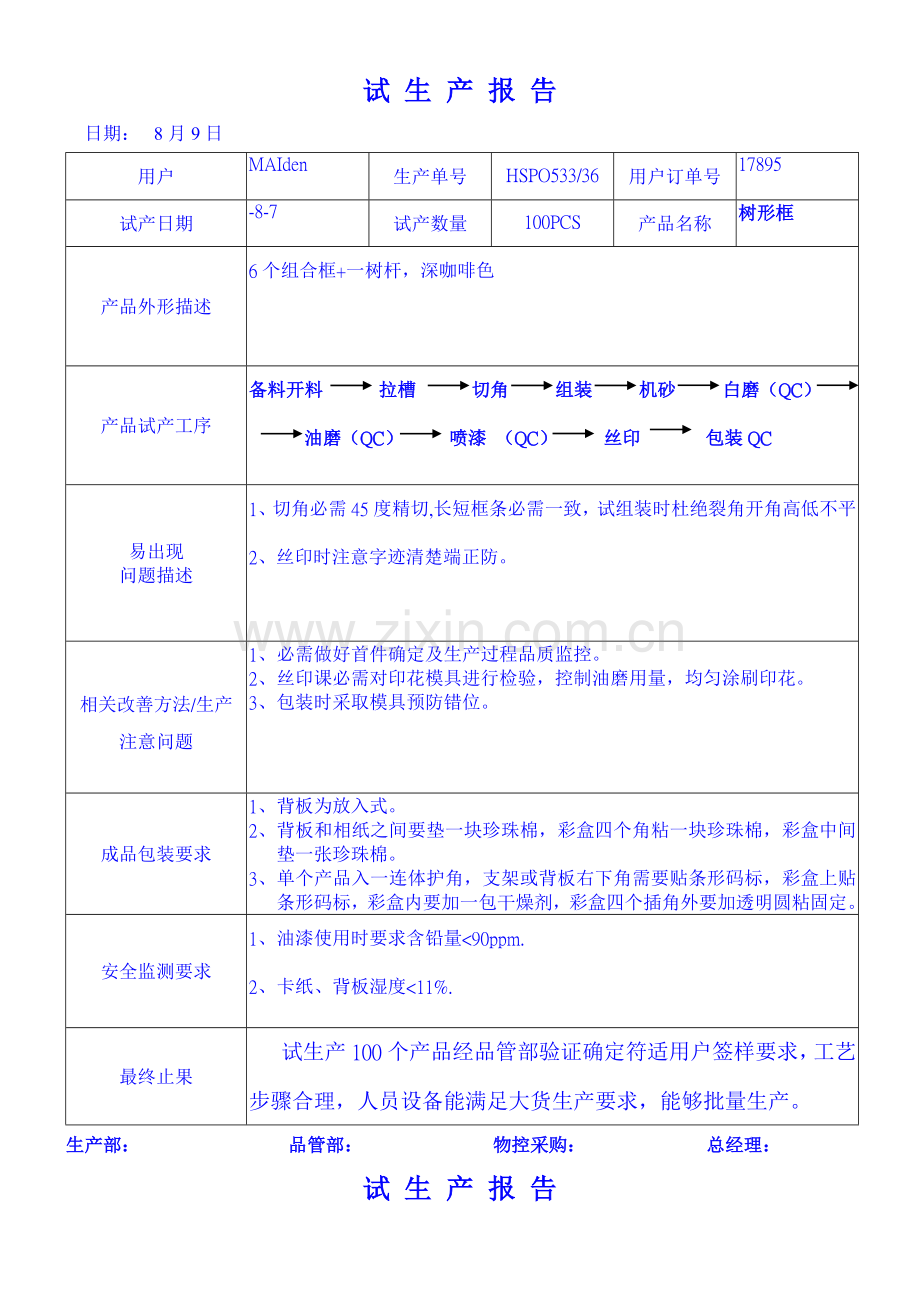 木业工艺公司试生产报告模板.doc_第1页