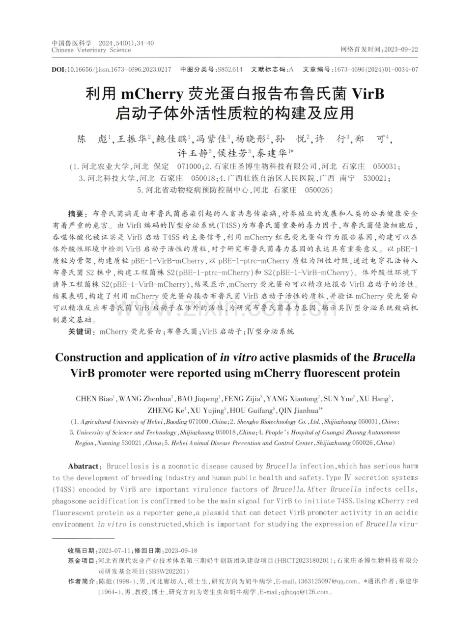 利用mCherry荧光蛋白报告布鲁氏菌VirB启动子体外活性质粒的构建及应用.pdf_第1页