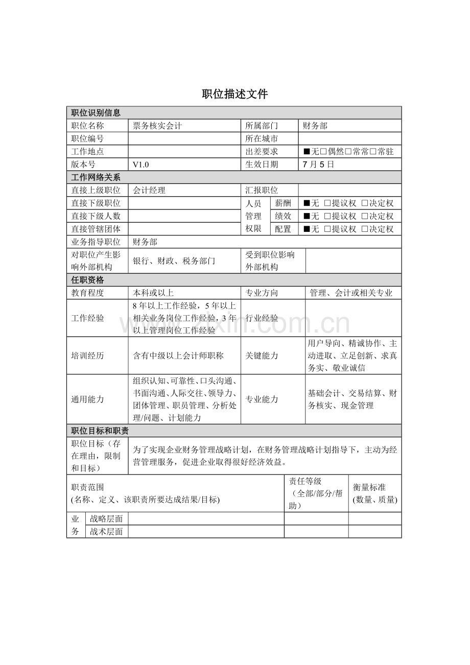 票务核算会计岗位说明书范本样本.doc_第1页