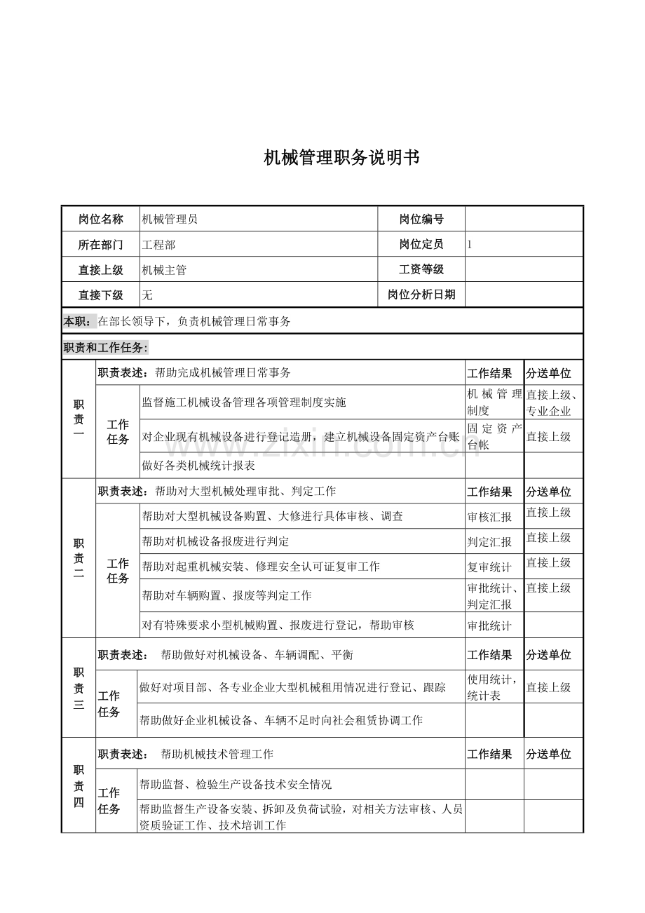 机械管理员岗位说明书样本.doc_第1页