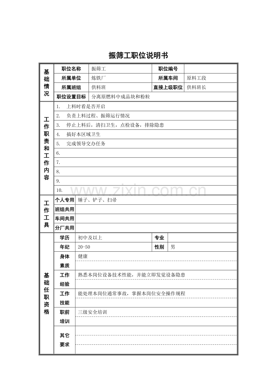 炼铁厂振筛工职务说明书样本.doc_第1页