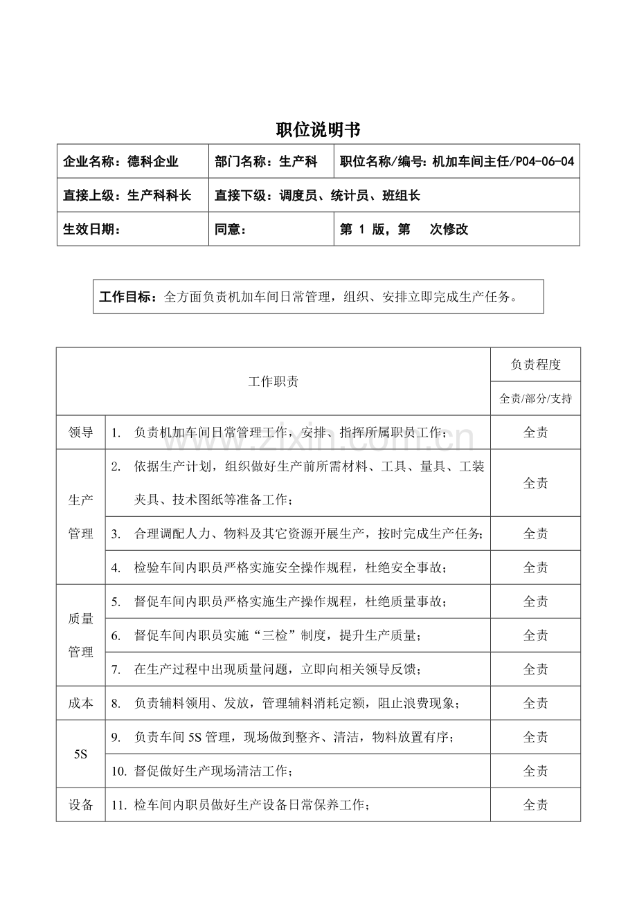 生产科机加车间主任职位说明书样本.doc_第1页