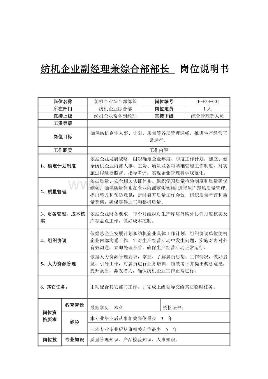 纺机公司副经理的岗位说明书样本.doc_第1页