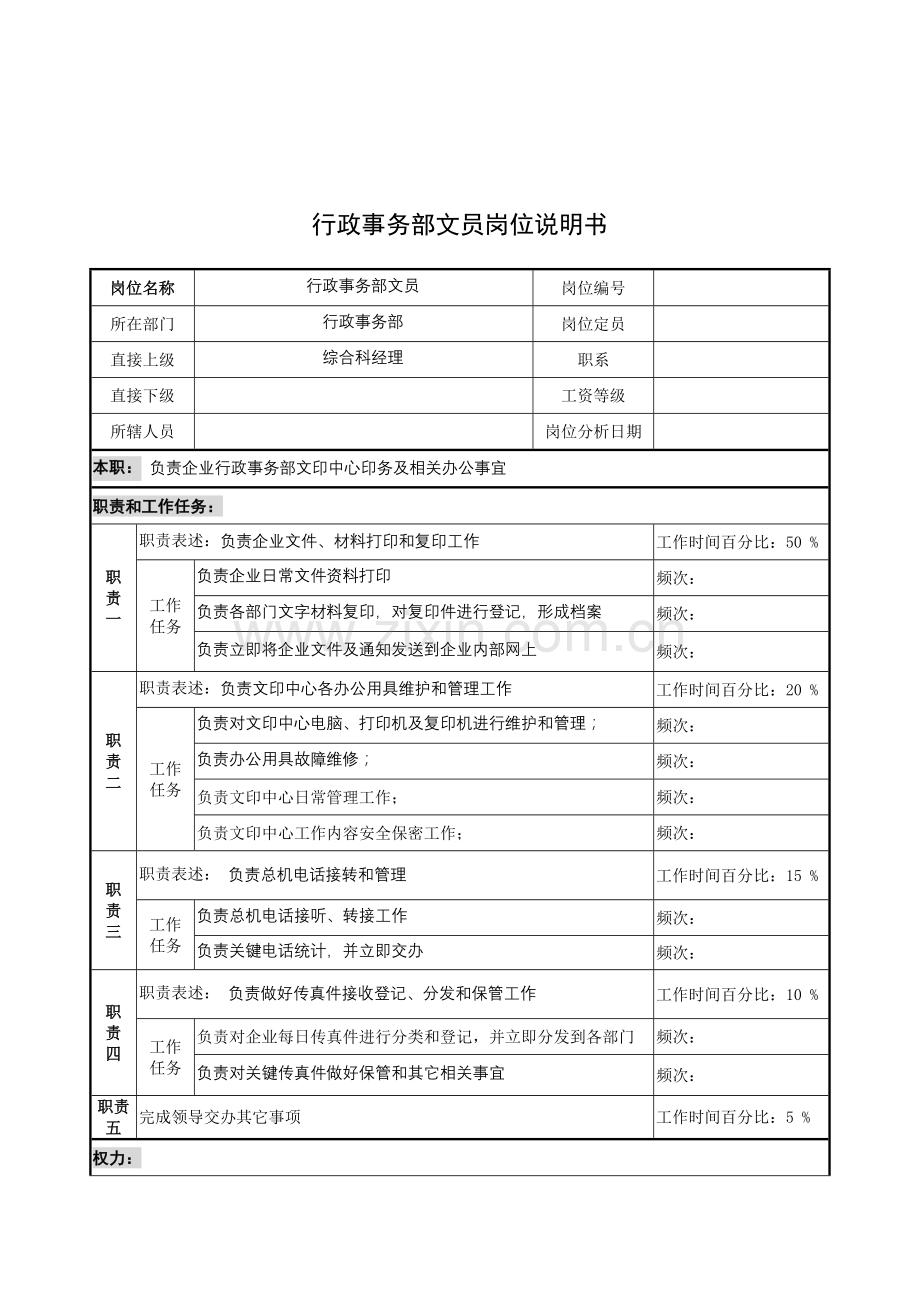 行政事务部文员的岗位说明书样本.doc_第1页