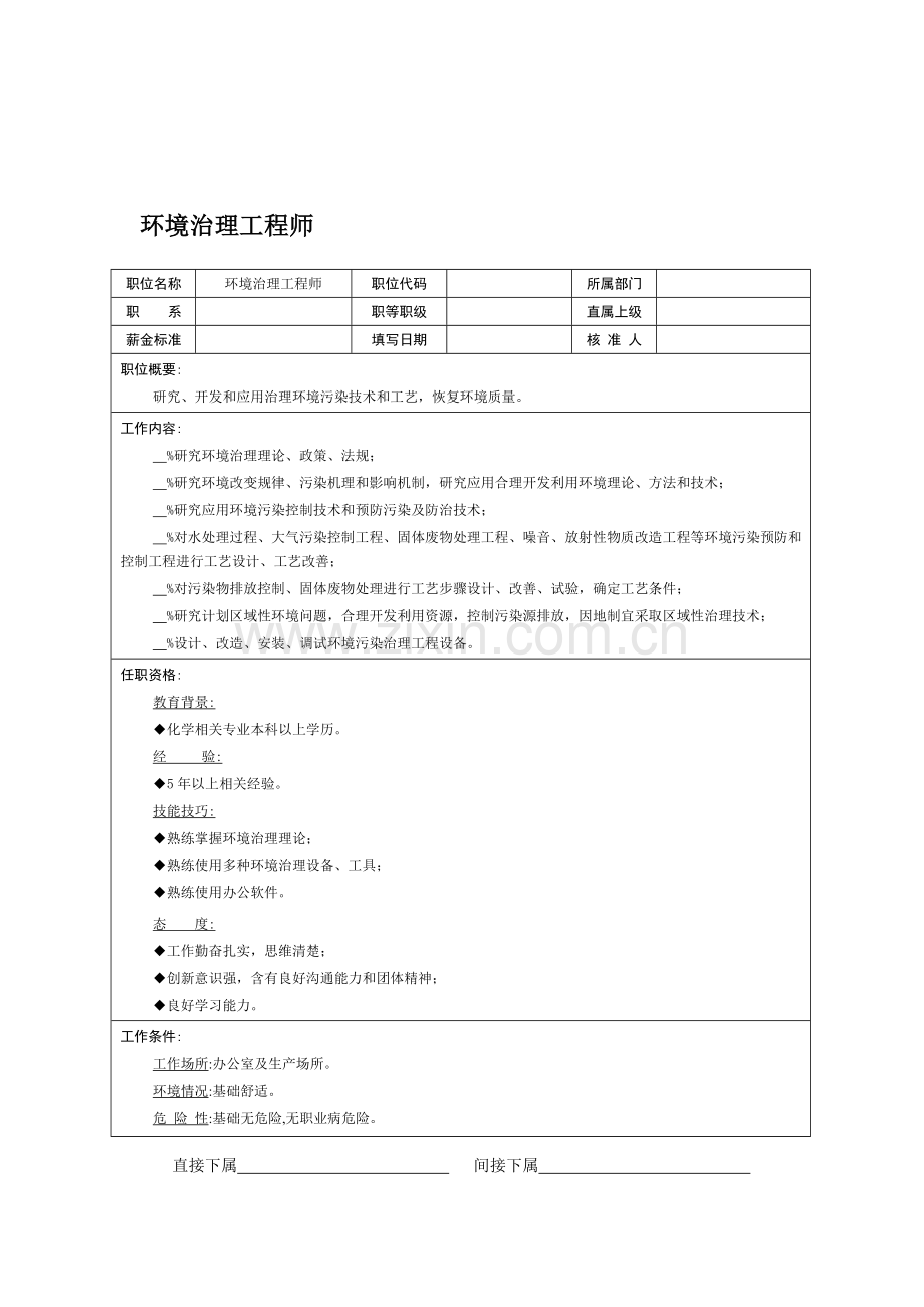 环境治理工程师职务说明书样本.doc_第1页