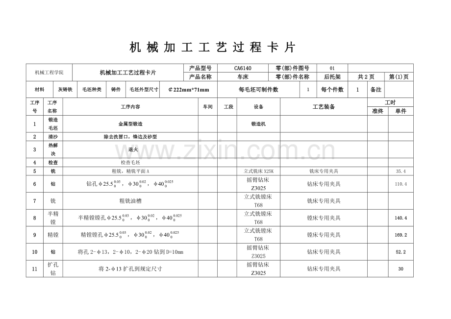 CA6140车床后托架基本工艺加工卡片以及过程卡片.doc_第1页