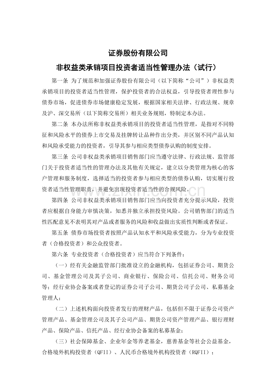 证券股份有限公司非权益类承销项目投资者适当性管理办法(试行)模版.doc_第1页