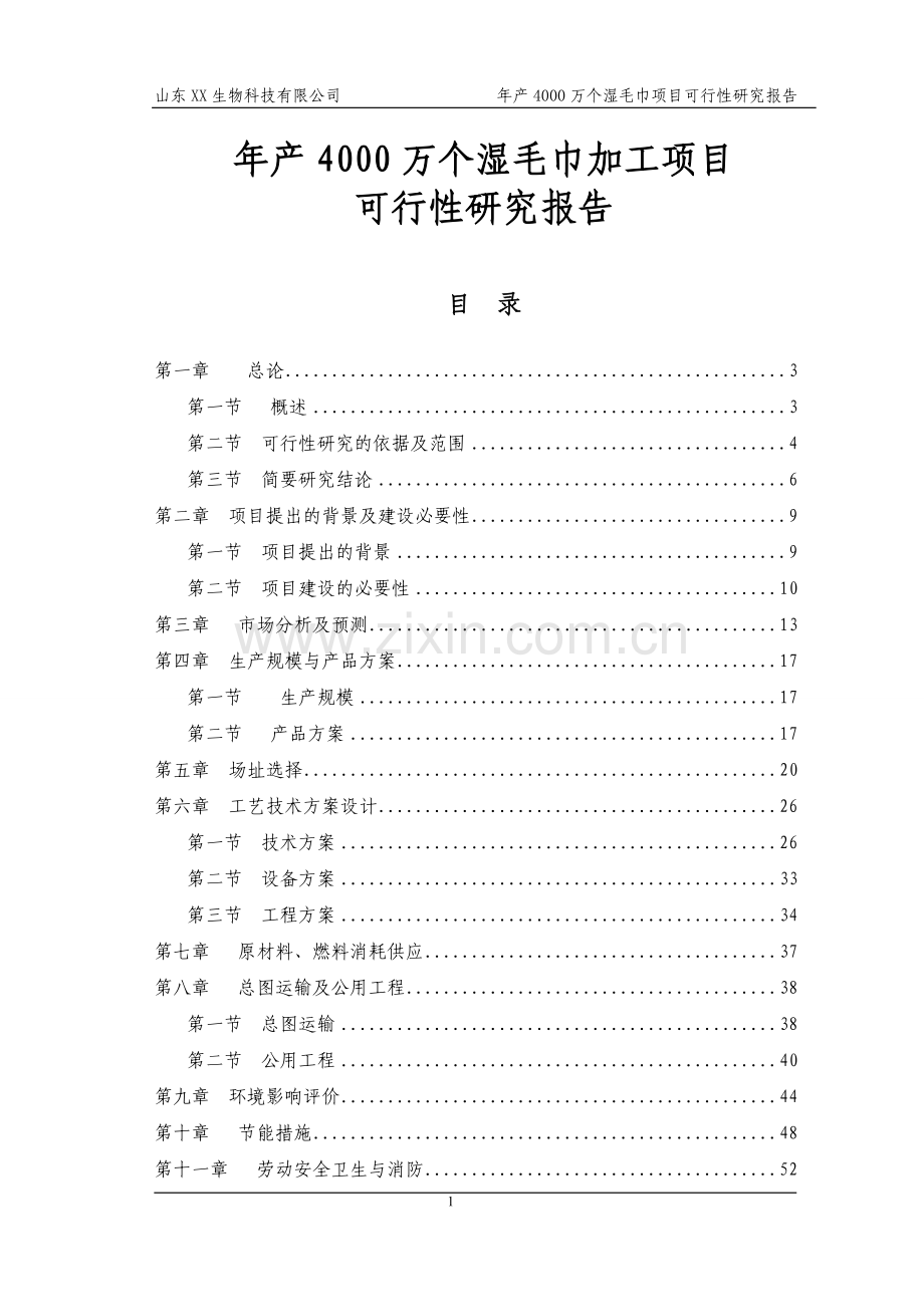 山东xx生物科技有限公司年产4000万个湿毛巾加工项目申报可行性论证报告.doc_第1页