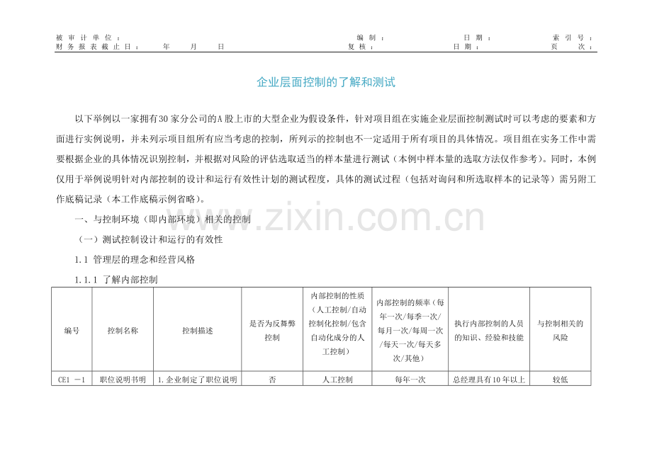 公司内部控制审计-企业层面控制的了解和测试模版.doc_第1页