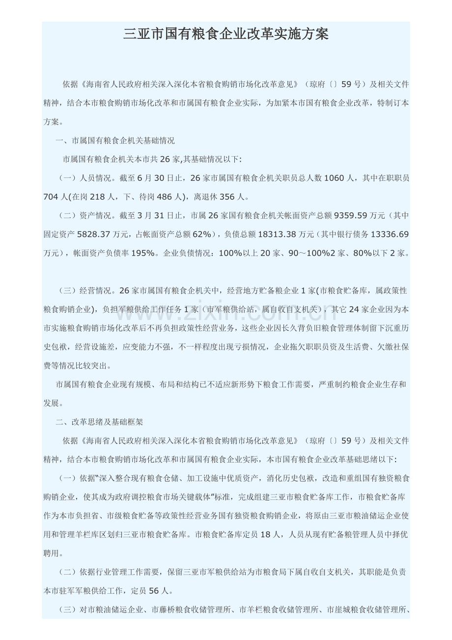 三亚市国有粮食企业改革实施专项方案.doc_第1页