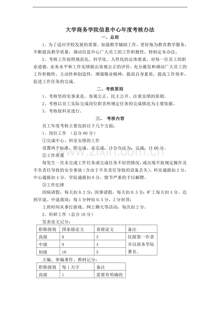 大学商务学院信息中心年度考核办法模版.doc_第1页