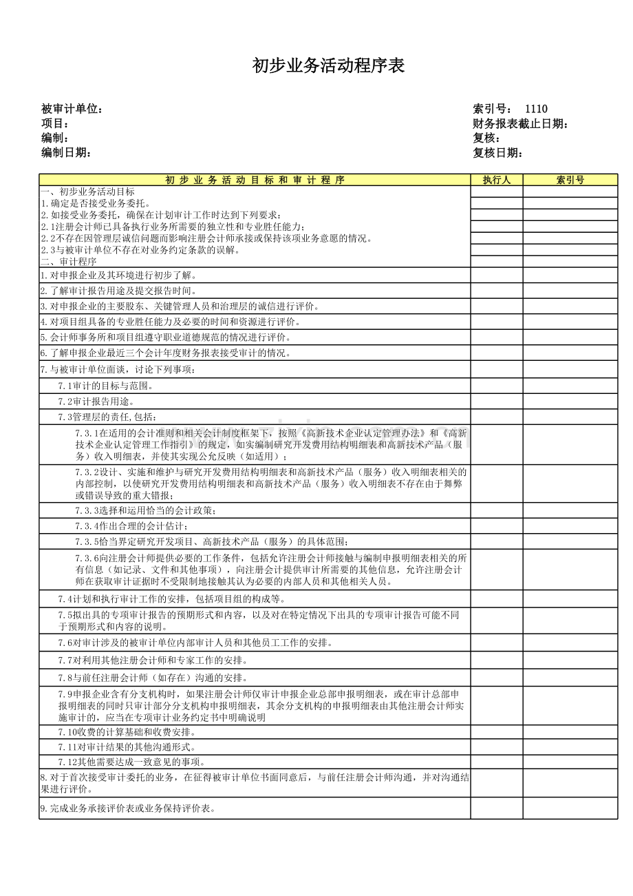 高新技术企业认定专项审计工作底稿及专项审计-初步业务活动程序表模版.xls_第1页