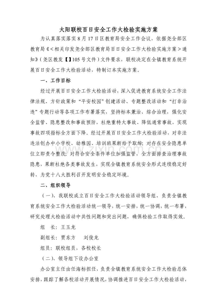 下大阳联校百日安全工作大检查实施专项方案.doc_第1页