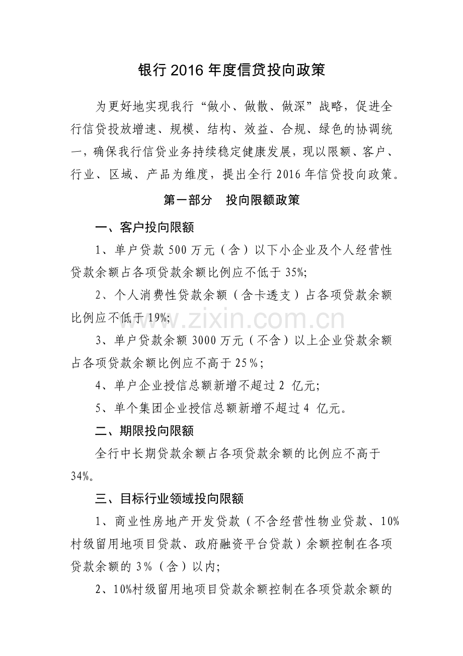 银行年度信贷投向政策模版.docx_第1页