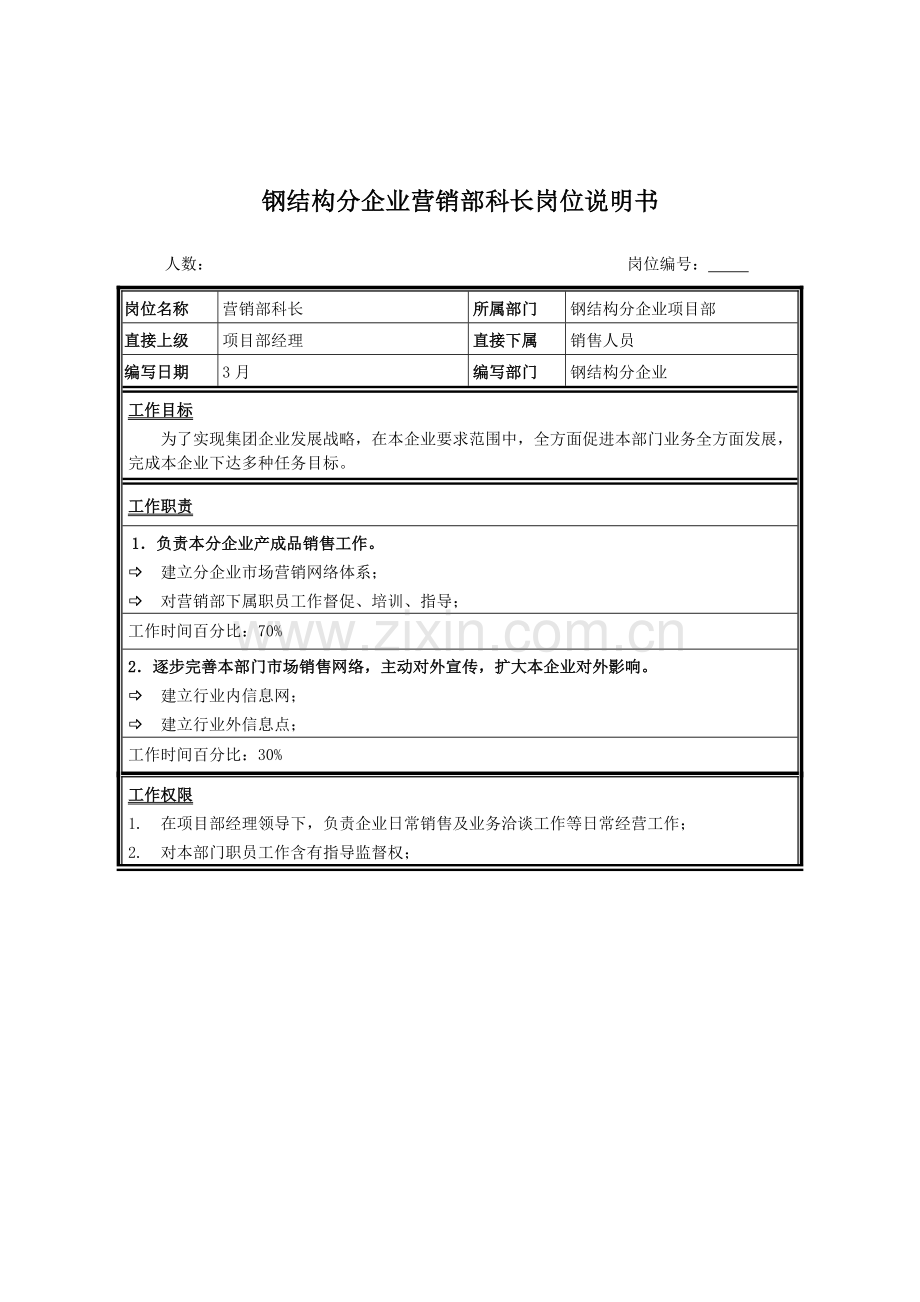 钢结构分公司营销部科长的岗位说明书样本.doc_第1页