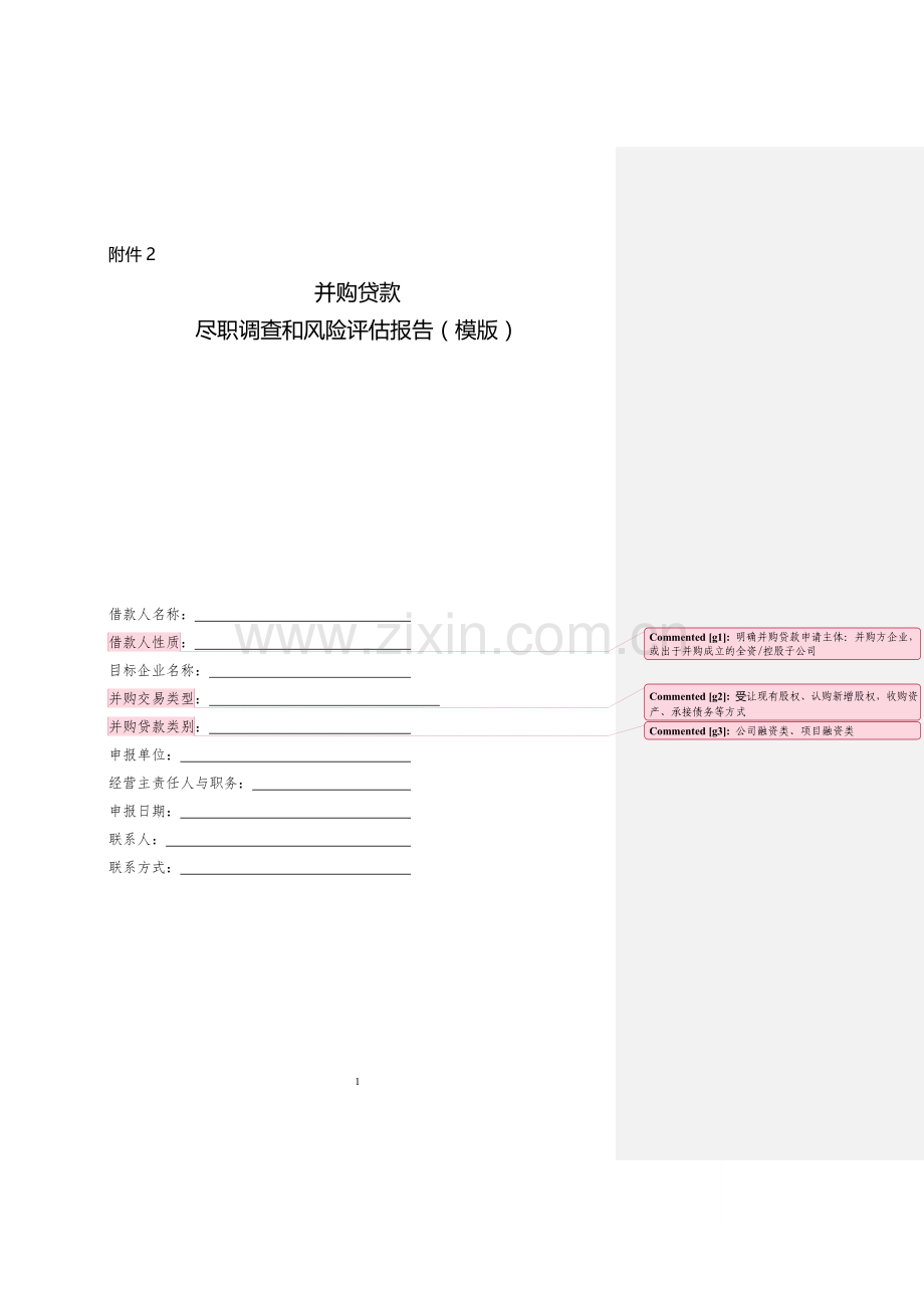 银行并购贷款尽职调查与风险评估报告(模板).doc_第1页