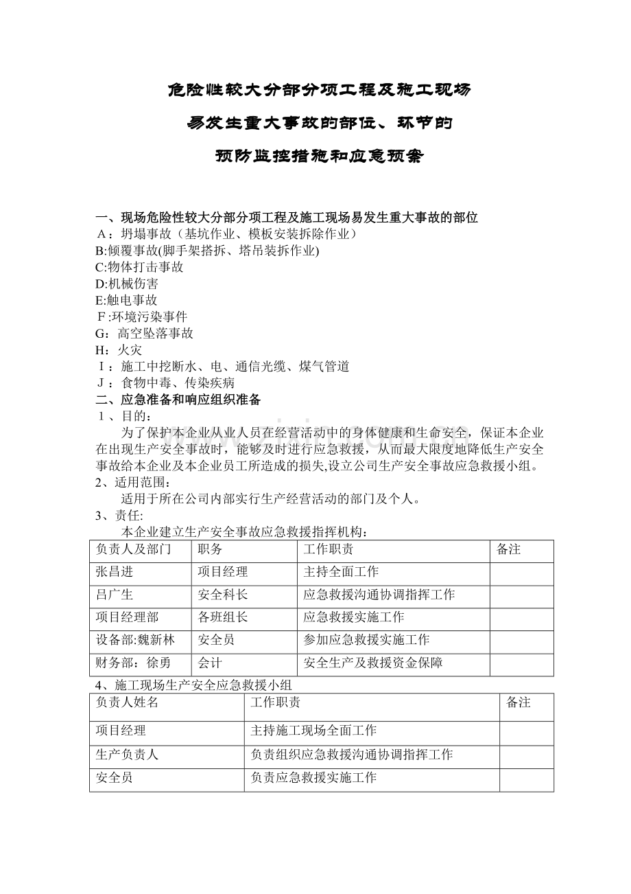 危险性较大分部分项工程应急预案模版.doc_第1页