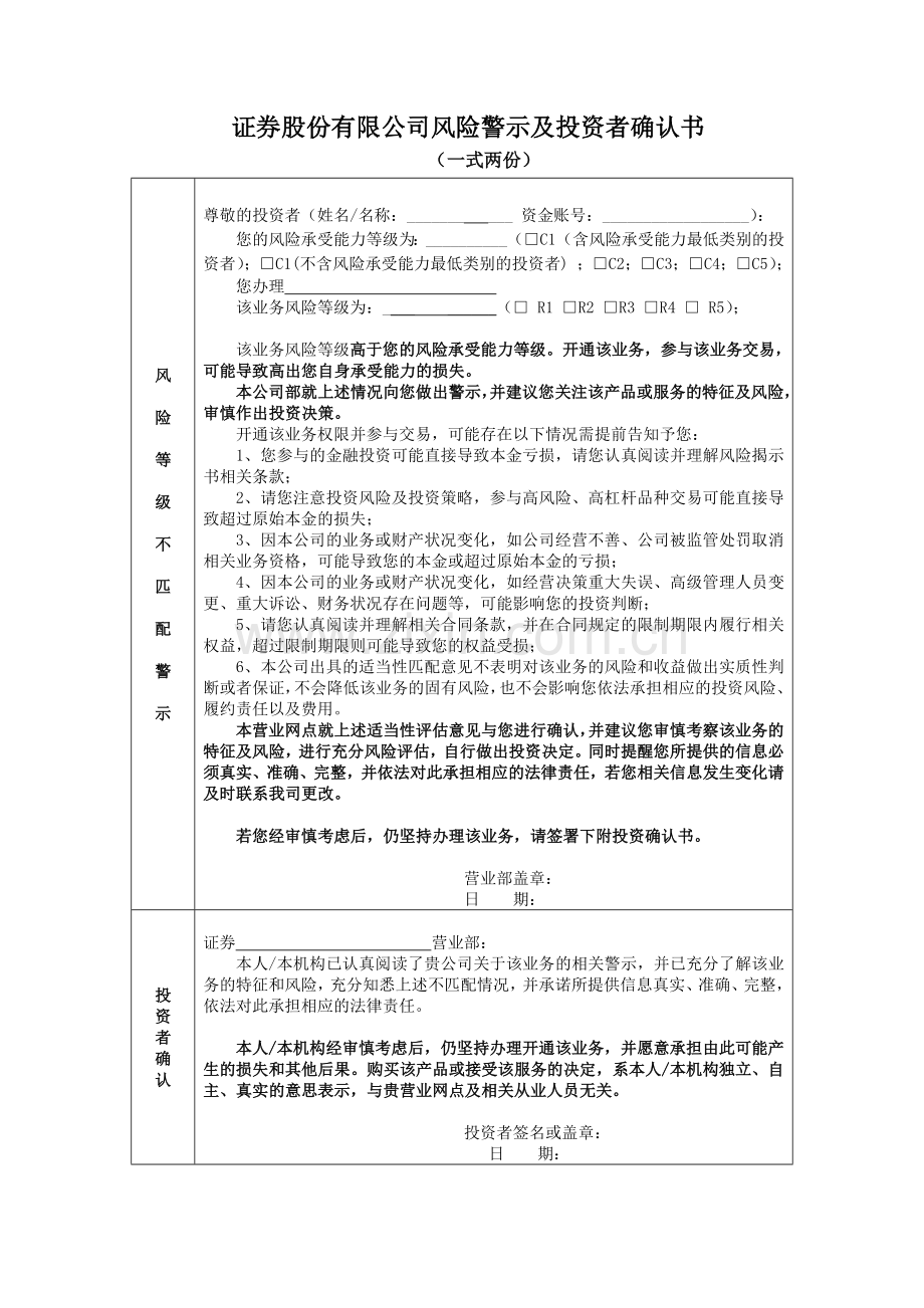 证券股份有限公司创业板业务不适当警示及投资者确认书模版.docx_第1页