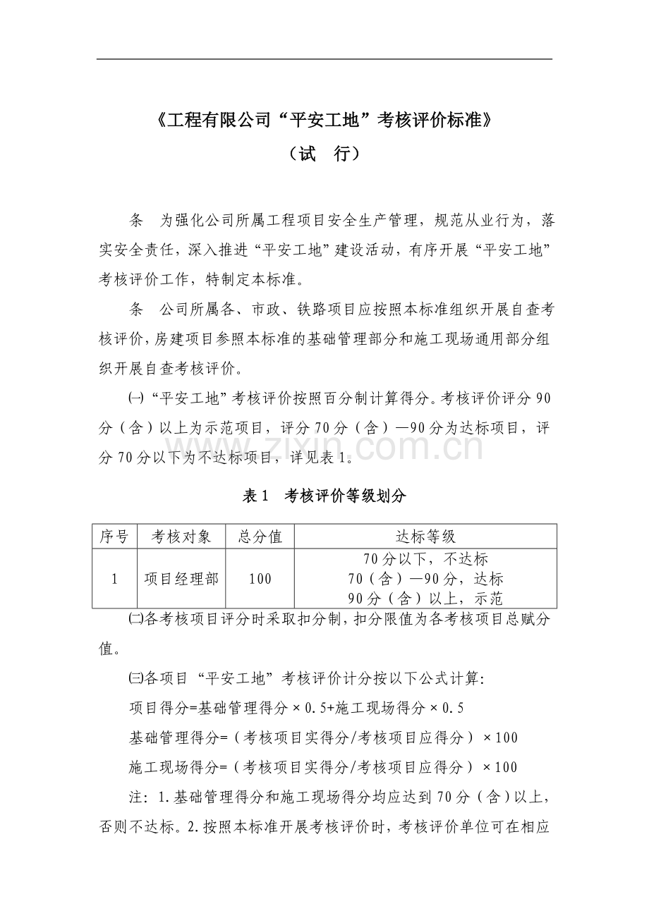 工程公司平安工地考核评价标准模版.doc_第1页