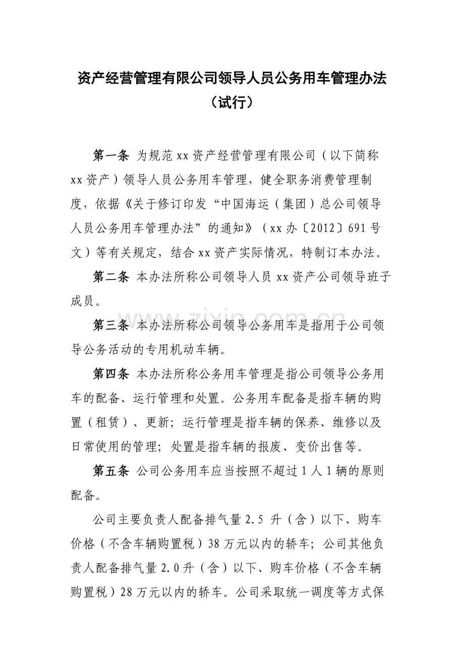 国有企业资产经营管理有限公司领导人员公务用车管理办法模版.docx_第1页