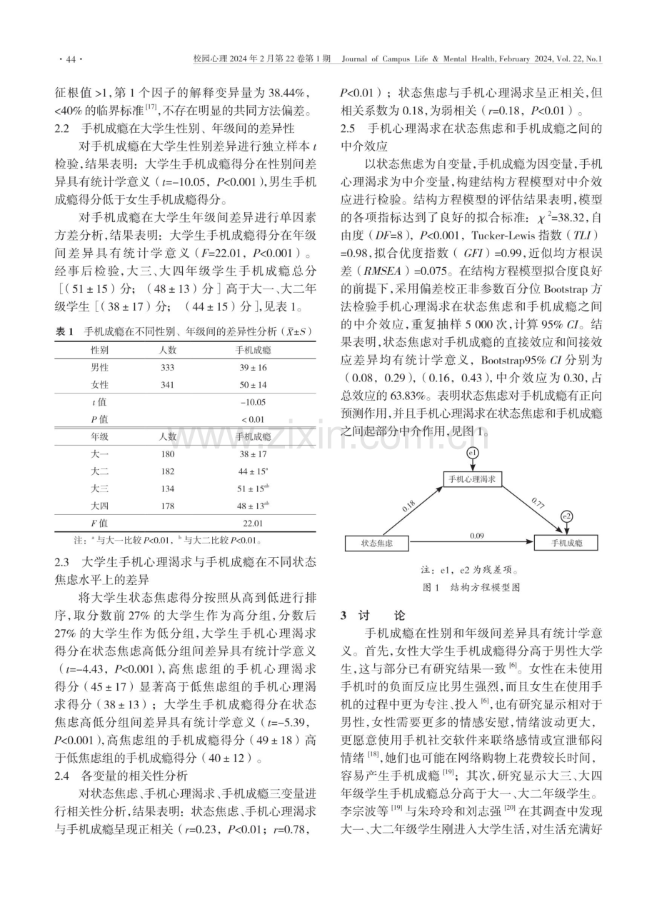 大学生状态焦虑和手机成瘾的关系：手机心理渴求的中介作用.pdf_第3页