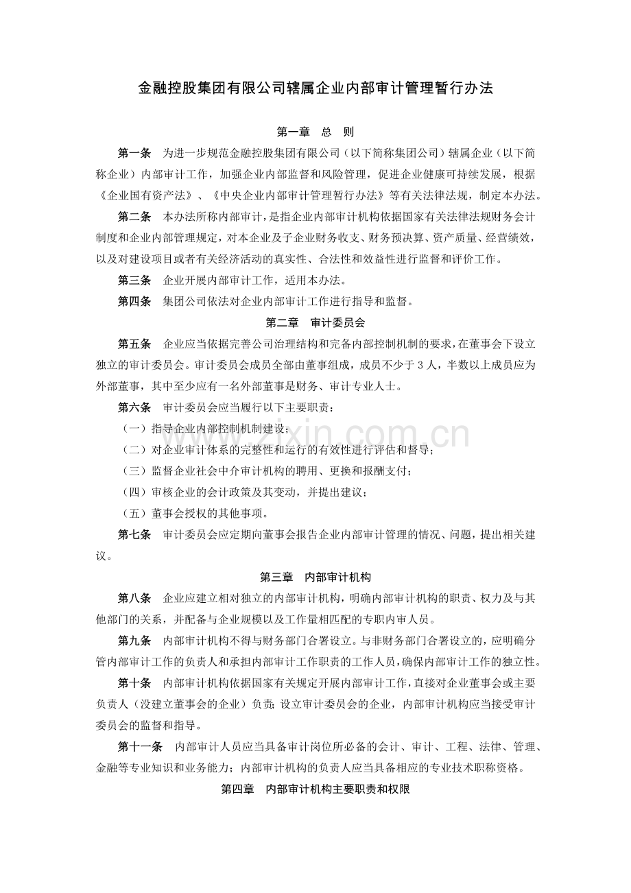 金融控股集团有限公司辖属企业内部审计管理暂行办法模版.docx_第1页