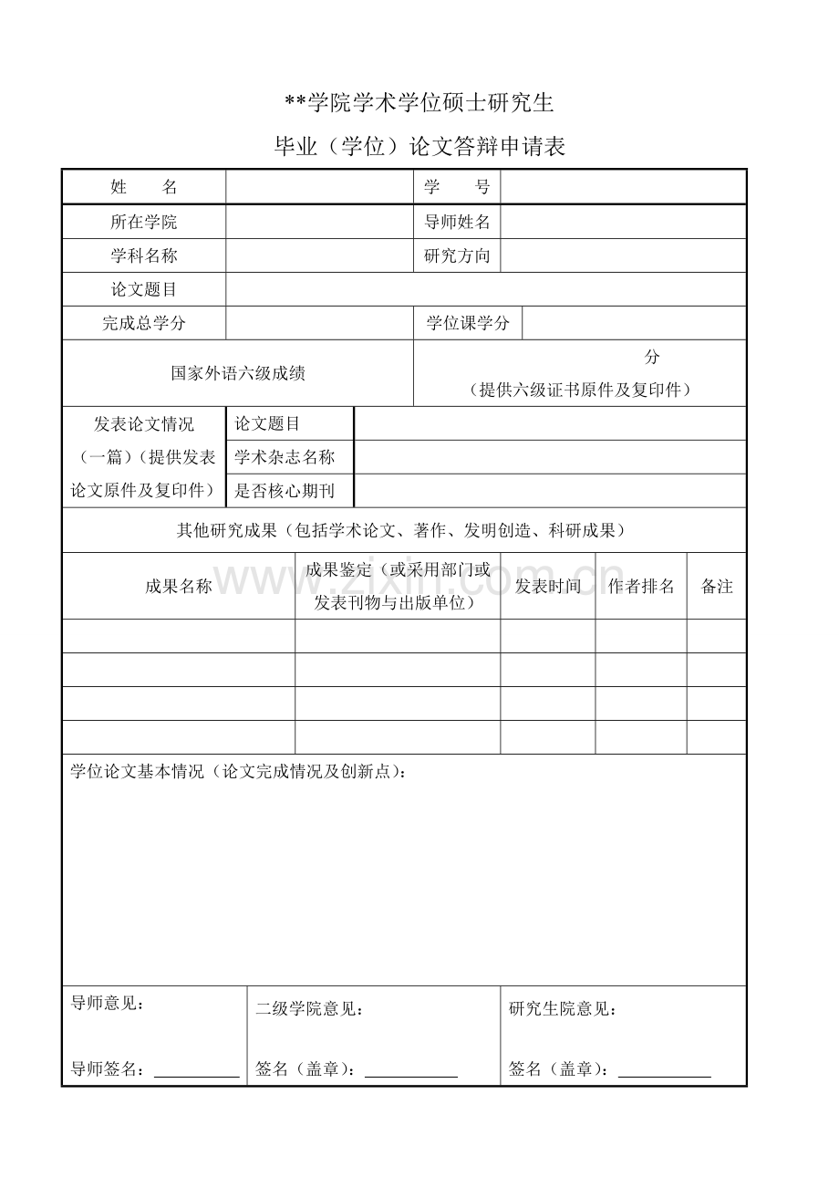 学院学术学位硕士研究生毕业(学位)论文答辩申请表.doc_第1页