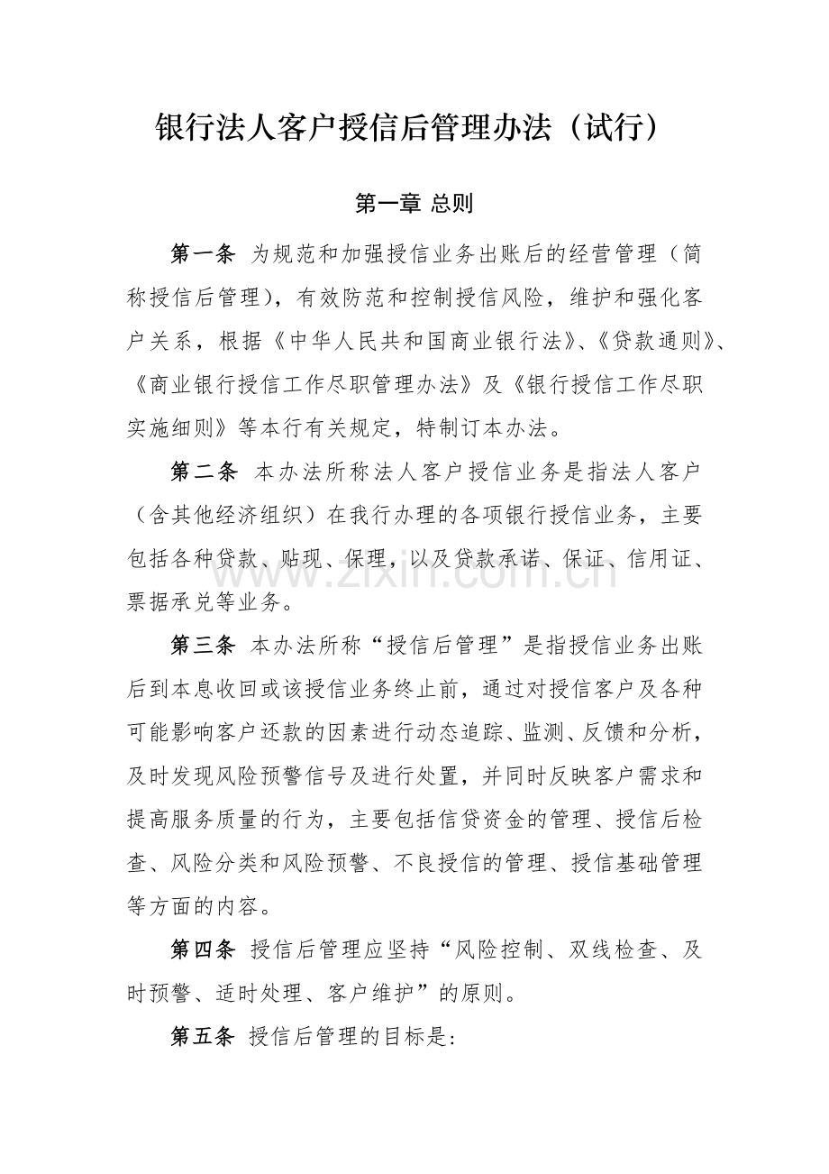 银行法人客户授信后管理办法(试行)模版.docx_第1页