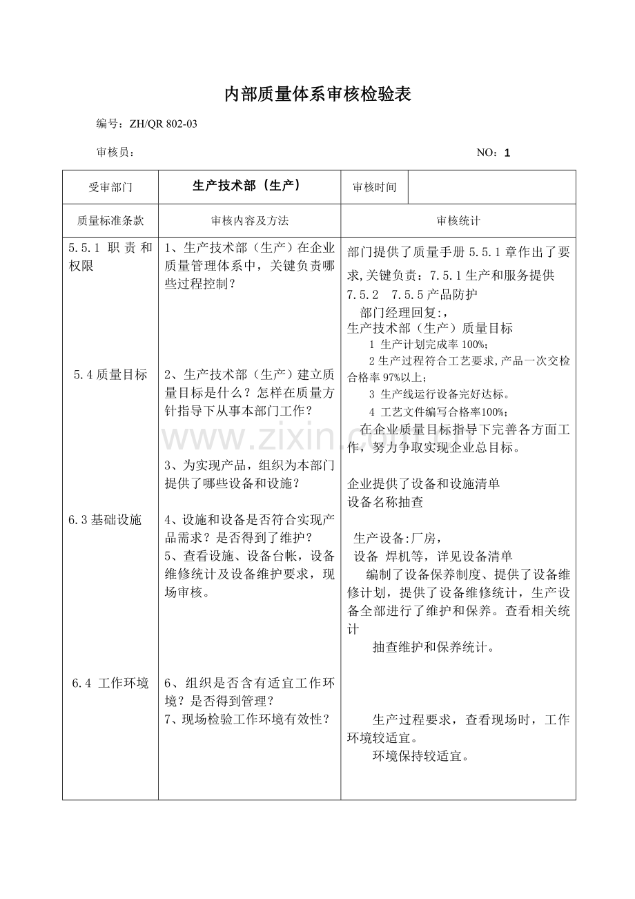 内部质量体系审核检查表生产部模板.doc_第1页