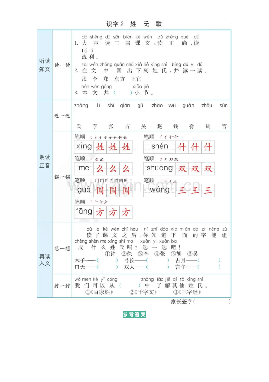 课文内容+预习卡┃小学语文一年级下册：识字2姓氏歌.doc_第3页