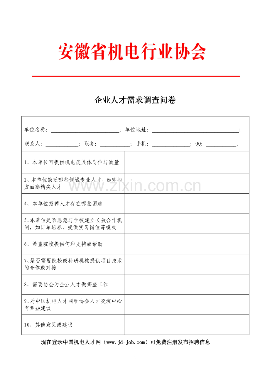 企业人才需求调查问卷模版.doc_第1页