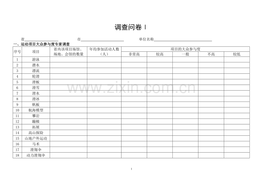 运动项目大众参与度专家调查问卷模版.doc_第1页