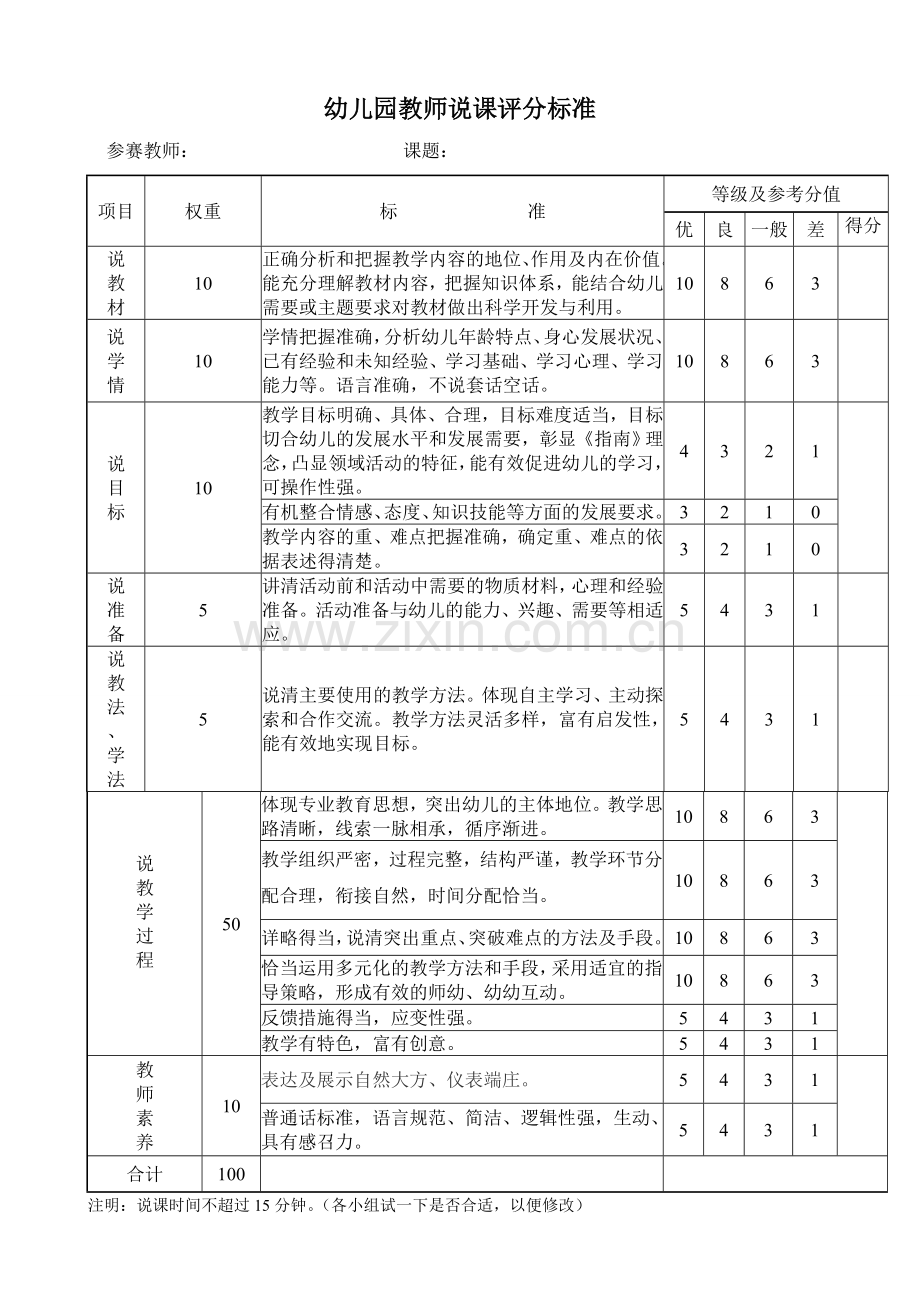 幼儿园幼儿园教师说课评分标准.doc_第1页