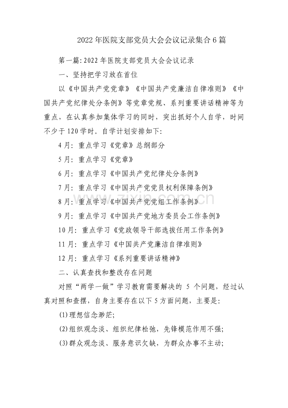 2022年医院支部党员大会会议记录集合6篇.pdf_第1页