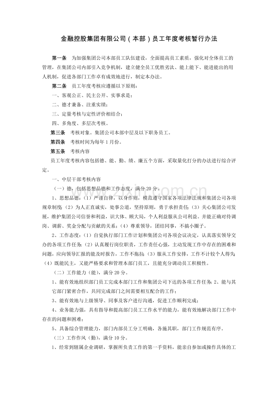 金融控股集团有限公司(本部)员工年度考核暂行办法模版.docx_第1页