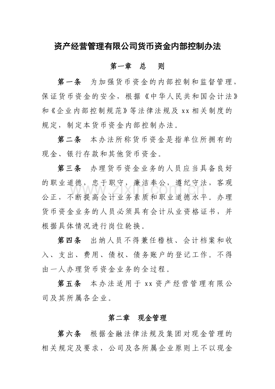 国有企业资产经营管理有限公司货币资金内部控制办法模版.docx_第1页