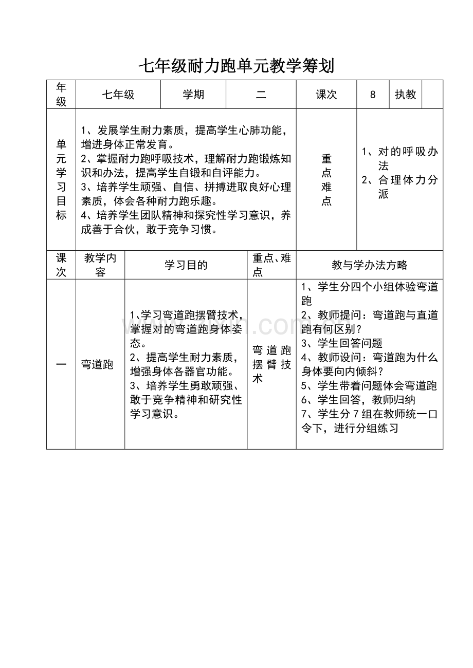 七年级耐力跑单元教学专题计划及教案.doc_第1页