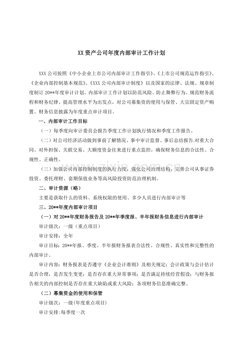 资产公司年度内部审计工作计划模版.docx_第1页