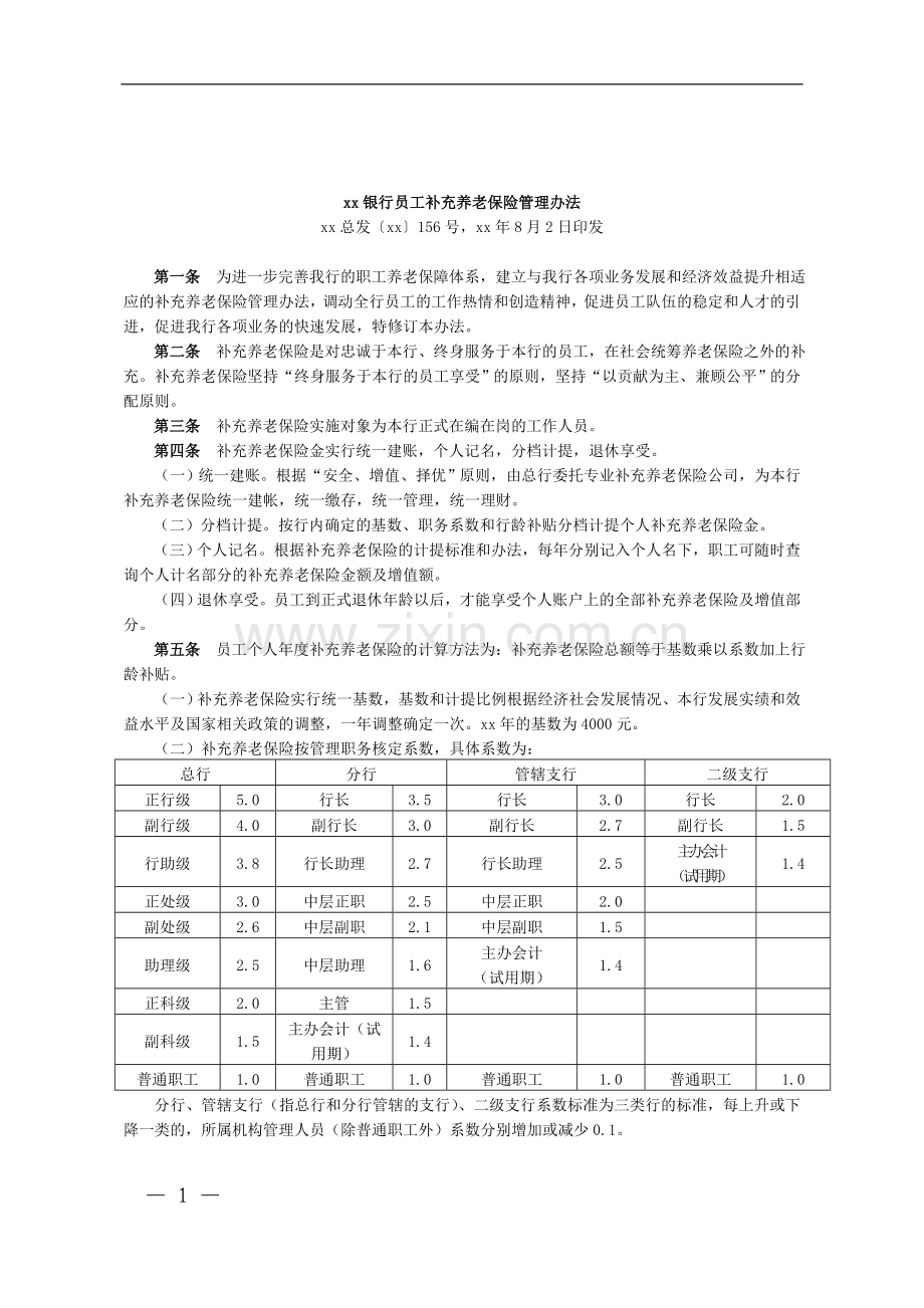 银行员工补充养老保险管理办法模版.doc_第1页