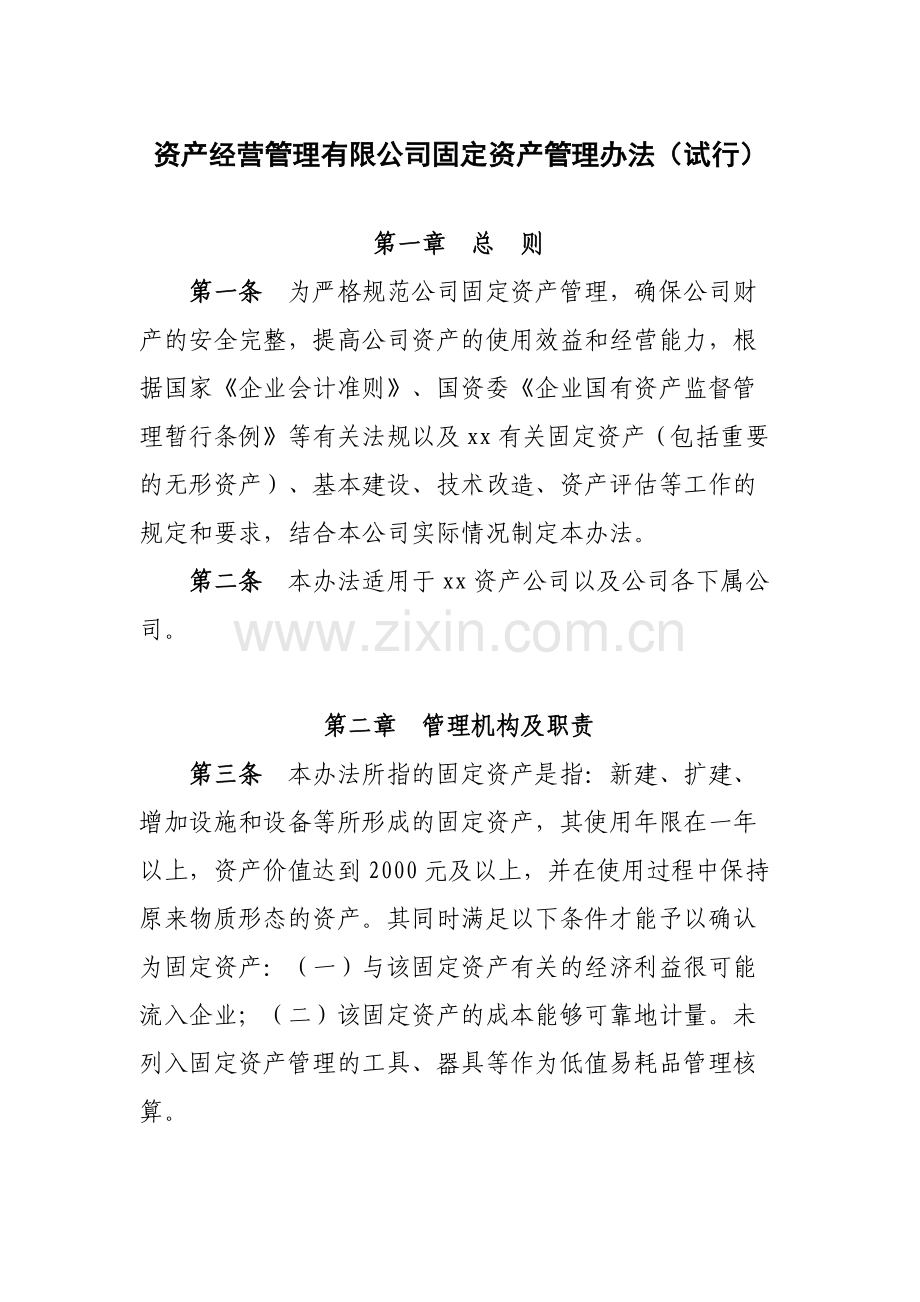 国有企业资产经营管理有限公司固定资产管理办法(试行)模版.docx_第1页